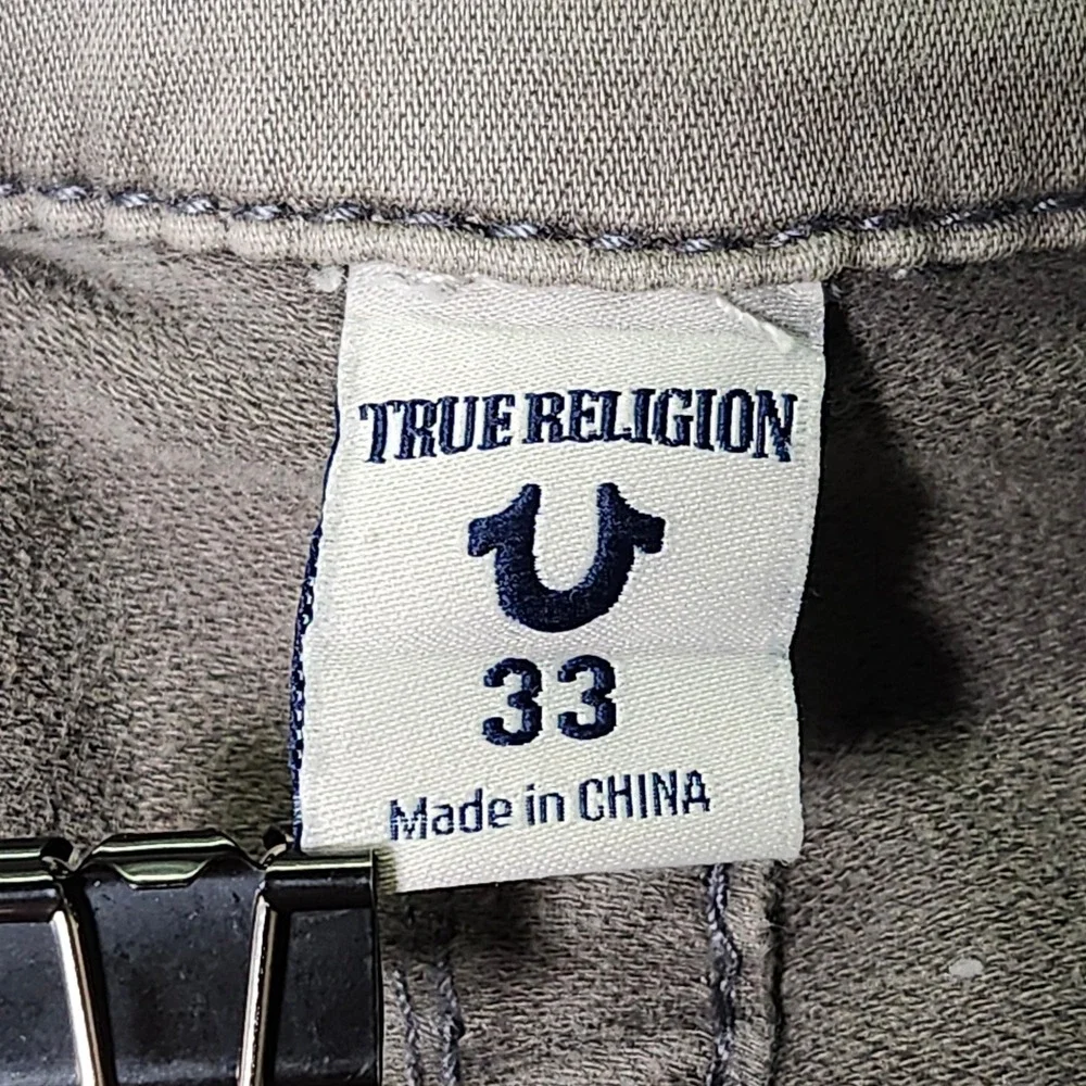 True Religion Mens 33 Denim Shorts Olive Green Raw Hem Contrast Distressed